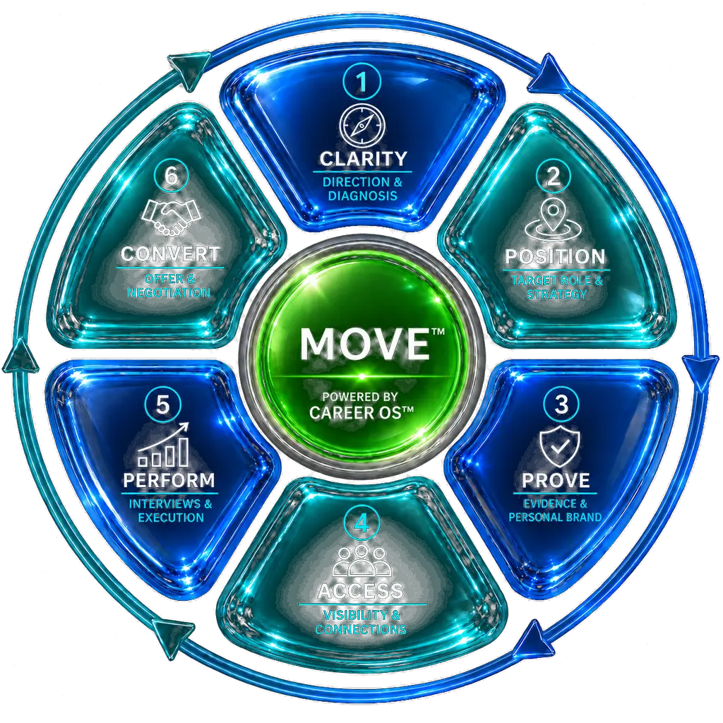 Career OS™ six-stage system: diagnosis, positioning, evidence, search and networking, interview mastery and offer negotiation