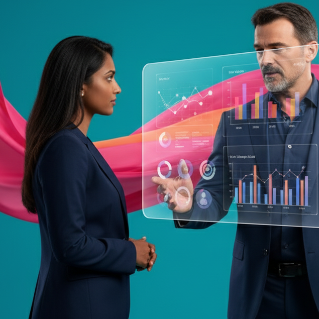 A professional man and woman discuss data visualisations in a modern setting.