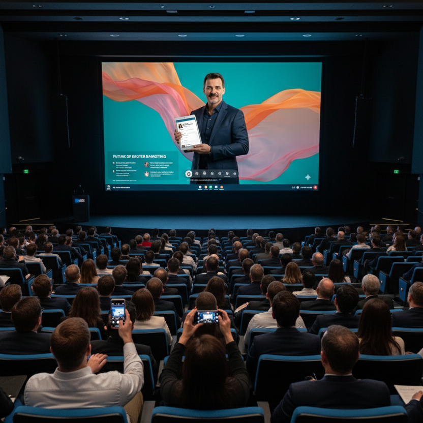 A presenter on stage displays a document to an audience in a theatre setting.