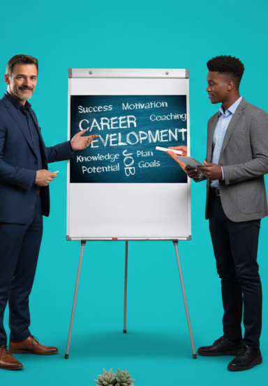 Two men presenting a career development workshop, pointing at a flip chart.