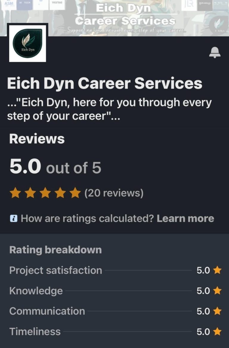 Eich Dyn Career Services profile with a 5.0 rating based on 20 reviews.