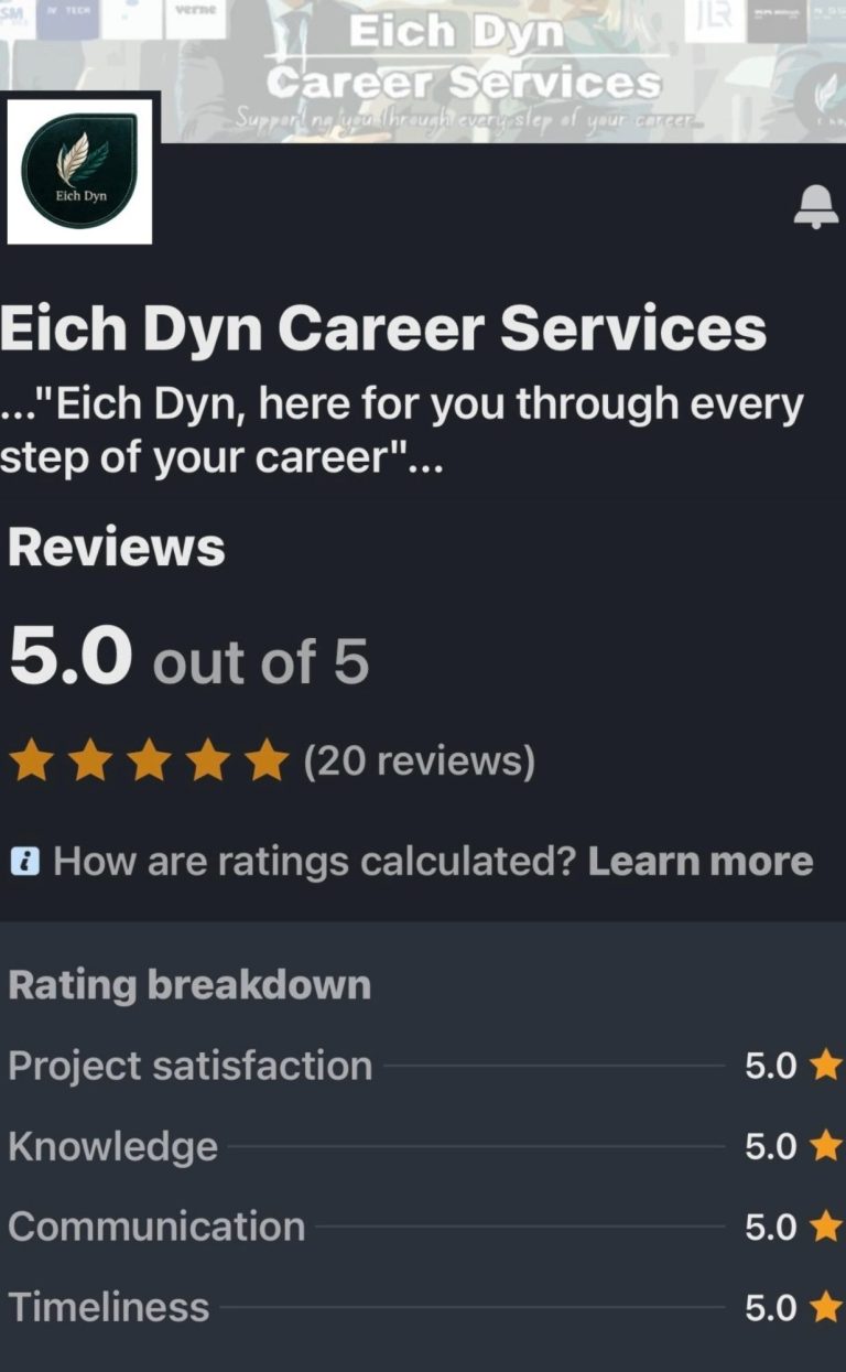 Elich Dyn Career Services profile with a 5.0 rating and service breakdown.
