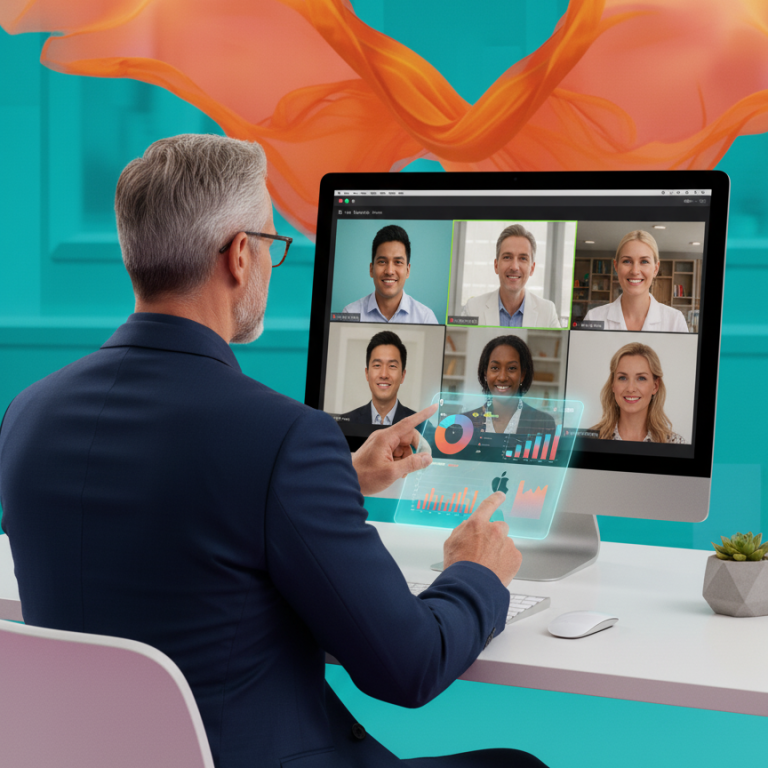 A man in a suit engaged in a video call with six participants on a computer screen.