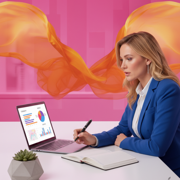 Businesswoman in a blue blazer working on a laptop with charts, beside a plant.