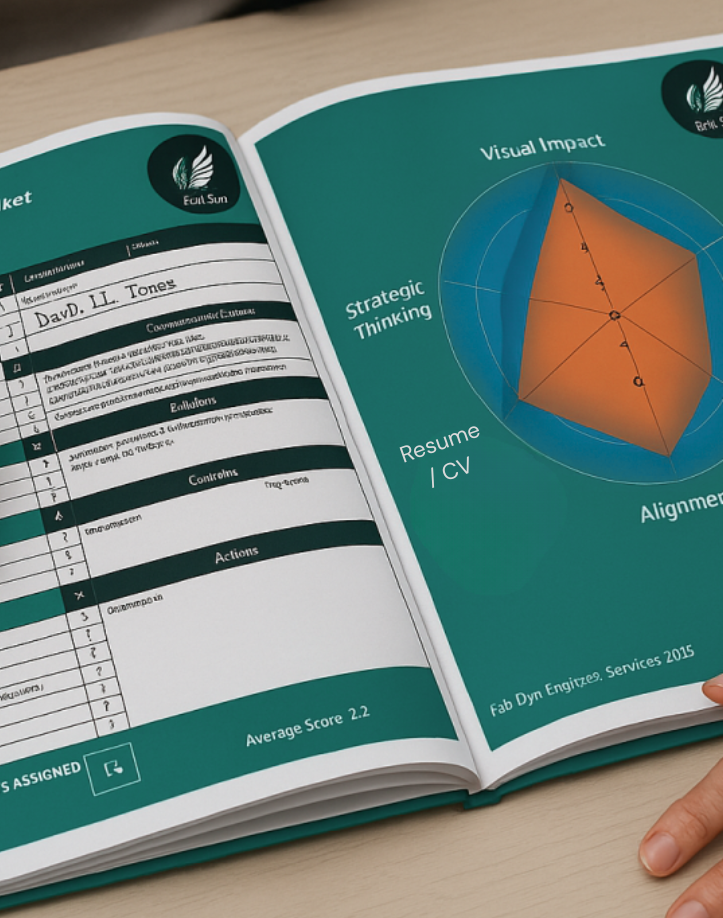Open assessment booklet with a radar chart and checklist, someone writing notes.