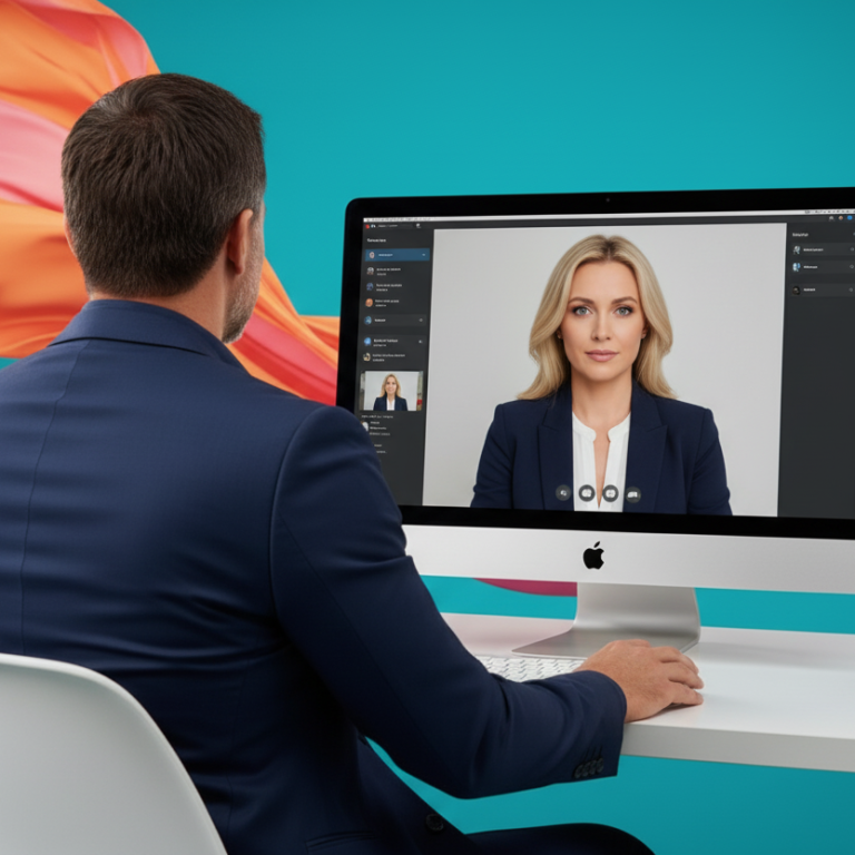 Person sitting at a computer, engaging in a video call with a woman on the screen.