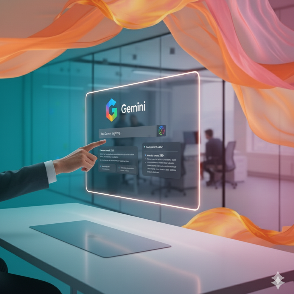 A person interacting with a holographic touchscreen displaying the "Genis" logo and data.