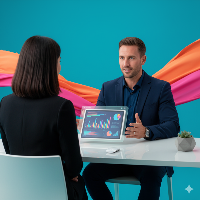 A man in a suit discusses data on a laptop with a woman at a modern table.