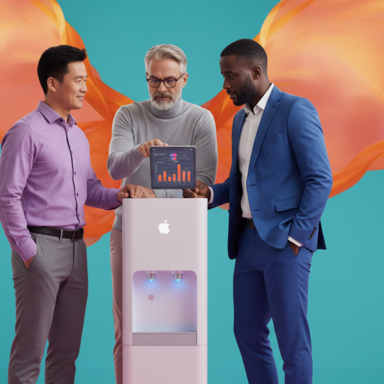 Three professionals discussing data by a water cooler with a laptop display.